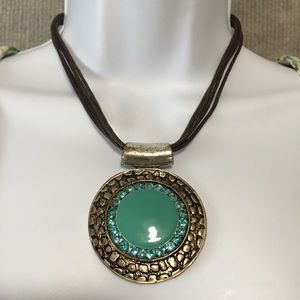 Necklace round teal turquoise color & blue silver